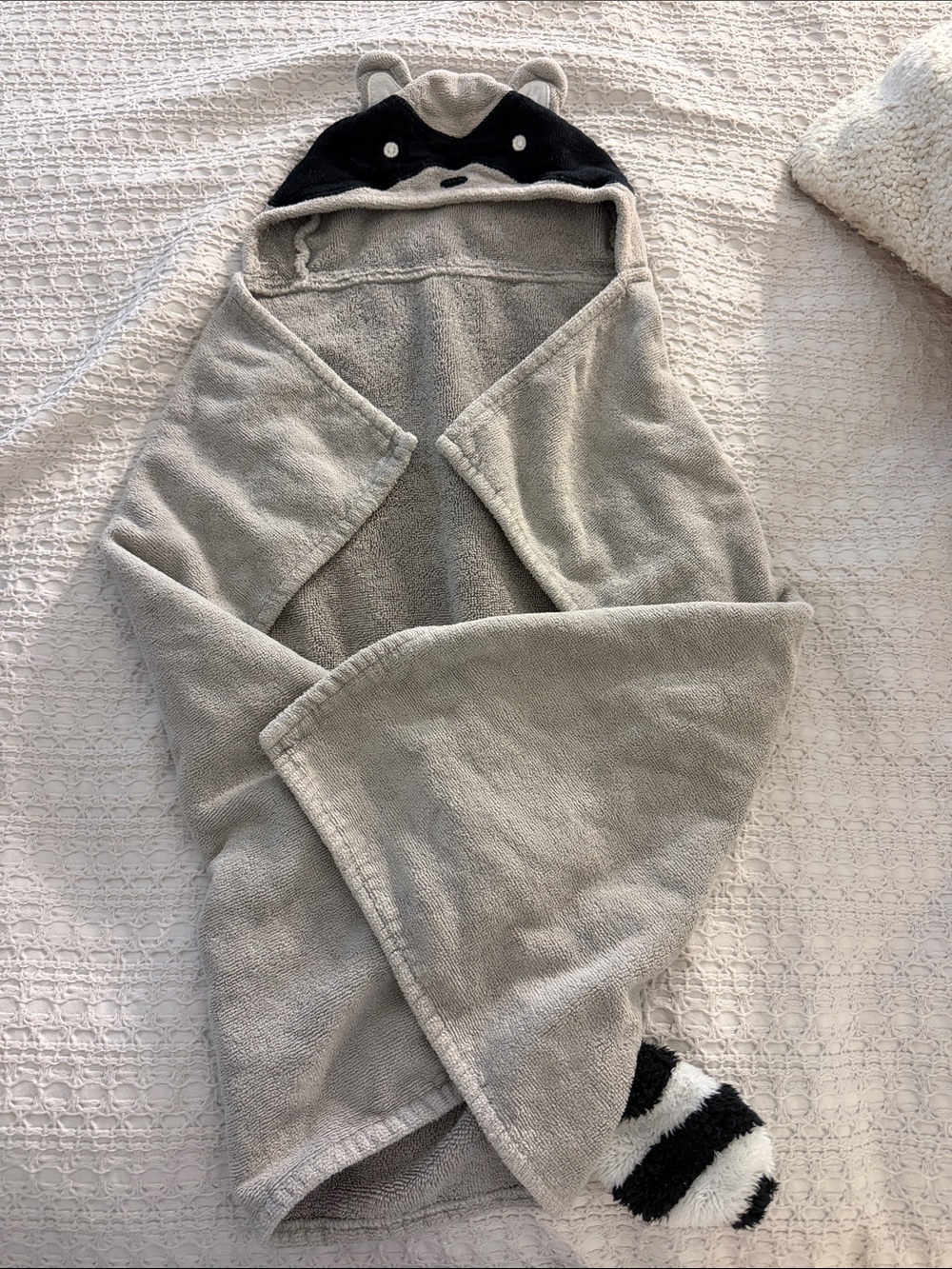 Cozy Hooded Raccoon Towel- Light Gray hooded baby towel